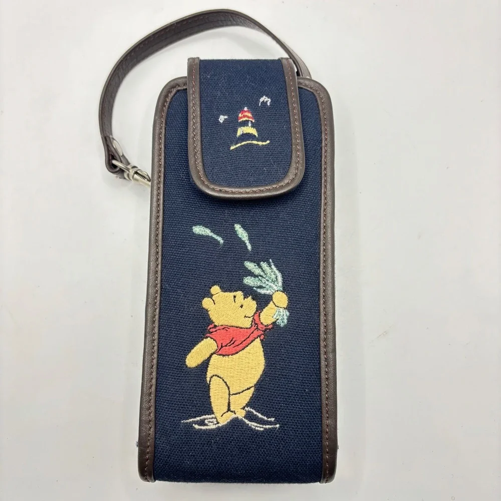 Vtg Disney Store Winnie‎ the Pooh Navy Canvas Leather Trim Pouch Wristlet Case